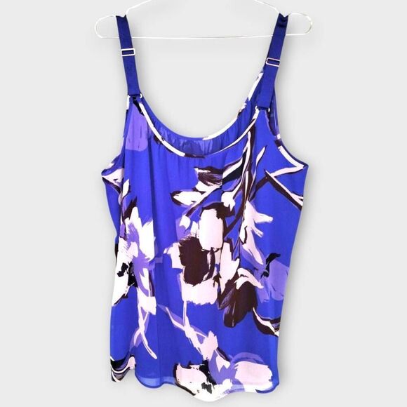 Lane Bryant Tank Top Sz 24 Royal Blue Floral Chiffon Scoop Cottagecore Beachy - Picture 2 of 9